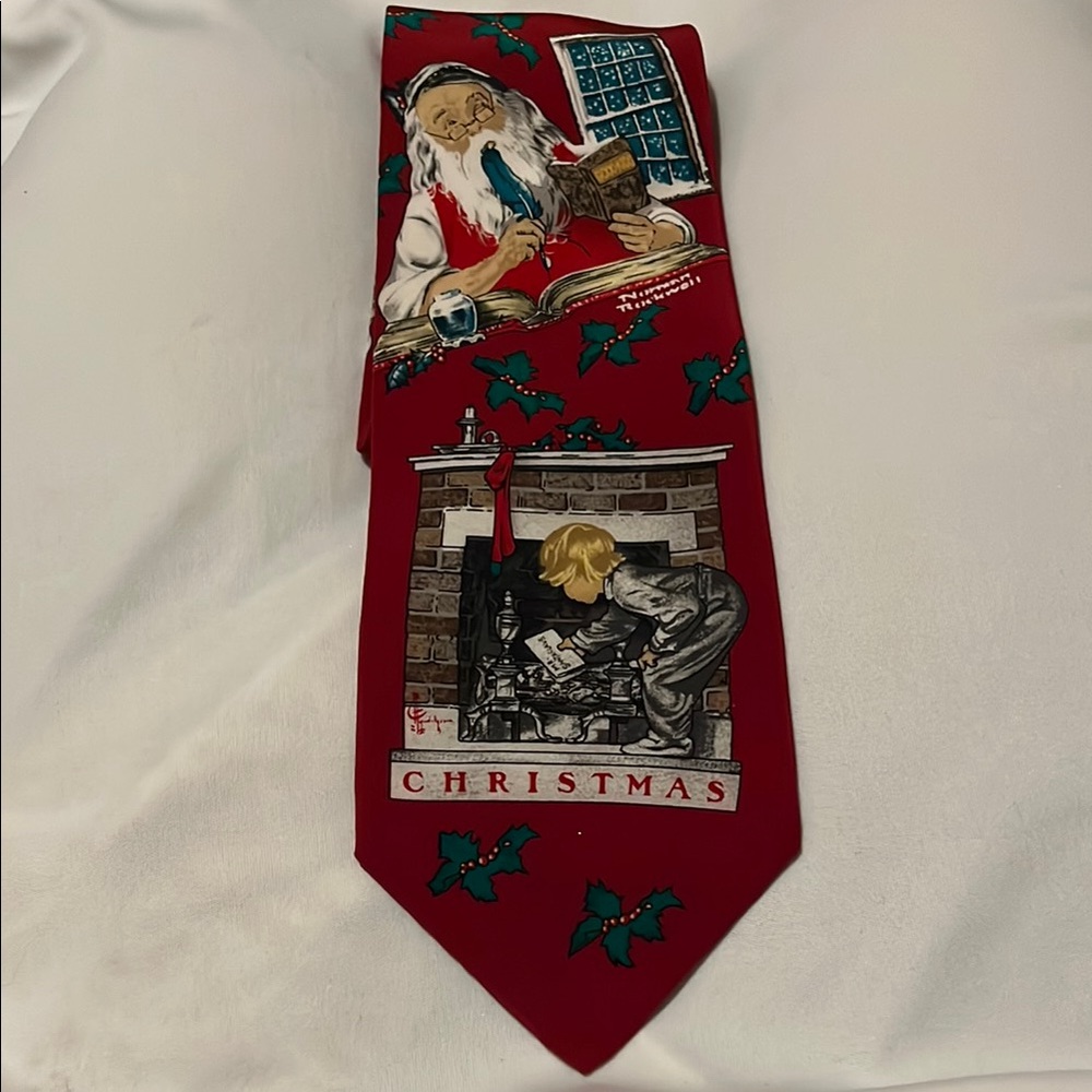 Norman Rockwell Festive Red Christmas Tie with Santa and Fireplace Design
